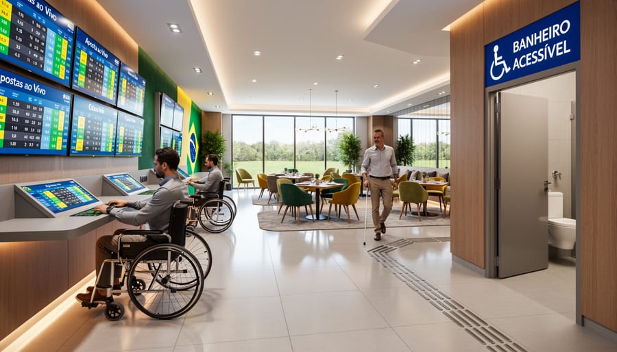 Accessible betting lounge interior with wide pathways and inclusive design features