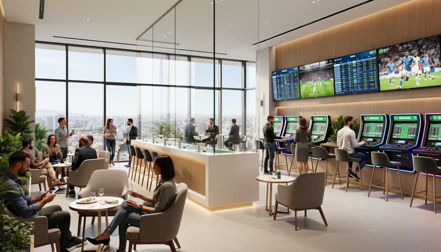 Modern Brazilian betting lounge interior with large windows and open floor plan