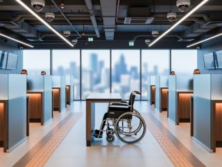 Eye-level wide photo of a Brazilian betting lounge with wide aisles, a wheelchair-accessible gaming station with lowered counter, tactile floor indicators, dome CCTV cameras, ceiling sprinklers and ventilation ducts, and privacy partitions; frosted glass reveals a blurred city skyline; staff monitor screens with no readable text.