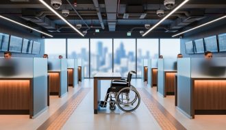 Eye-level wide photo of a Brazilian betting lounge with wide aisles, a wheelchair-accessible gaming station with lowered counter, tactile floor indicators, dome CCTV cameras, ceiling sprinklers and ventilation ducts, and privacy partitions; frosted glass reveals a blurred city skyline; staff monitor screens with no readable text.