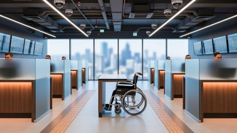 Eye-level wide photo of a Brazilian betting lounge with wide aisles, a wheelchair-accessible gaming station with lowered counter, tactile floor indicators, dome CCTV cameras, ceiling sprinklers and ventilation ducts, and privacy partitions; frosted glass reveals a blurred city skyline; staff monitor screens with no readable text.
