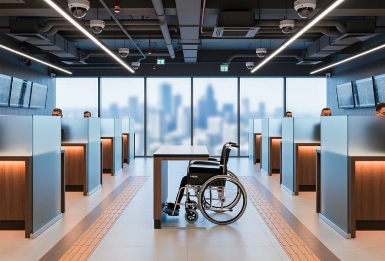 Eye-level wide photo of a Brazilian betting lounge with wide aisles, a wheelchair-accessible gaming station with lowered counter, tactile floor indicators, dome CCTV cameras, ceiling sprinklers and ventilation ducts, and privacy partitions; frosted glass reveals a blurred city skyline; staff monitor screens with no readable text.