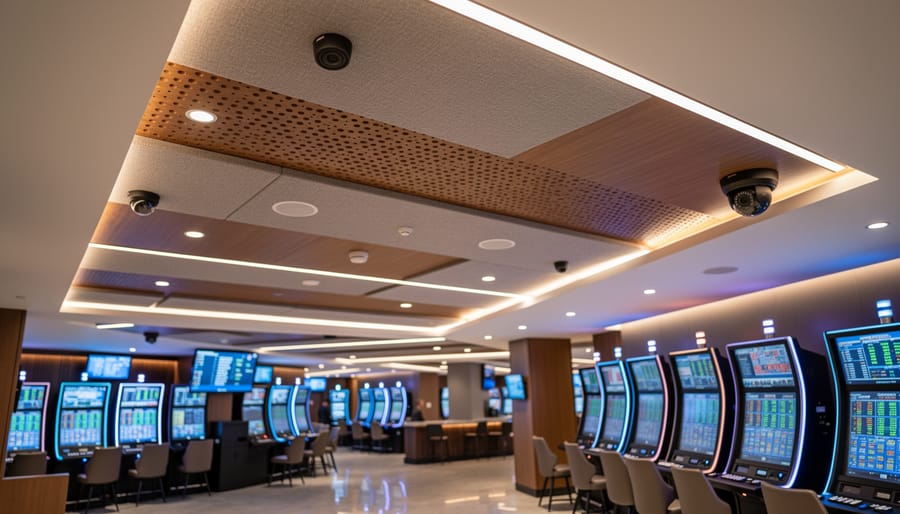 Ceiling detail showing integrated lighting and security systems in betting lounge