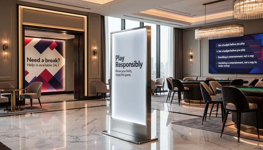 Elegant responsible gaming signage integrated into modern betting lounge interior