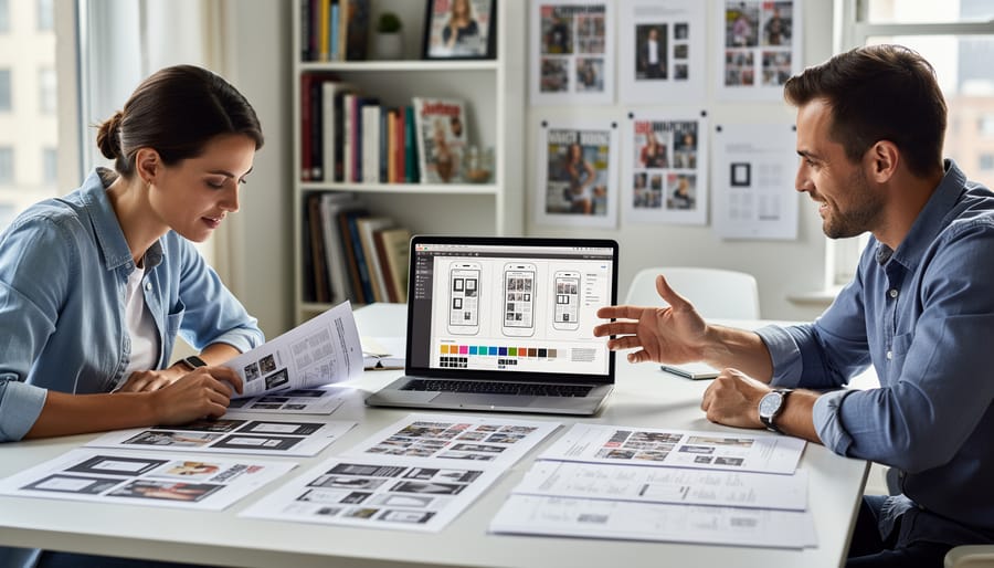 Interior designer presenting case study materials to publication editors in collaborative meeting