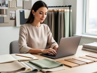 Interior designer typing on a laptop at a bright studio desk with notebook, fabric swatches, and wood samples; blurred mood board and stacked magazines behind.