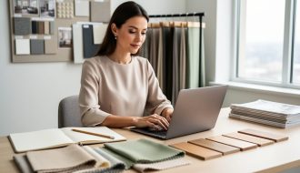 Interior designer typing on a laptop at a bright studio desk with notebook, fabric swatches, and wood samples; blurred mood board and stacked magazines behind.