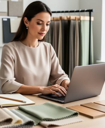 Interior designer typing on a laptop at a bright studio desk with notebook, fabric swatches, and wood samples; blurred mood board and stacked magazines behind.