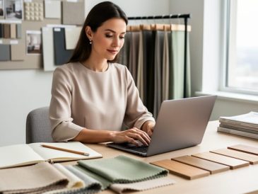 Interior designer typing on a laptop at a bright studio desk with notebook, fabric swatches, and wood samples; blurred mood board and stacked magazines behind.