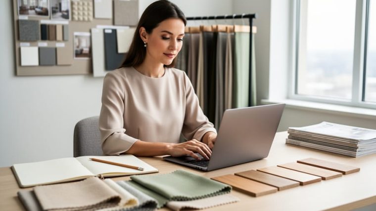 Interior designer typing on a laptop at a bright studio desk with notebook, fabric swatches, and wood samples; blurred mood board and stacked magazines behind.