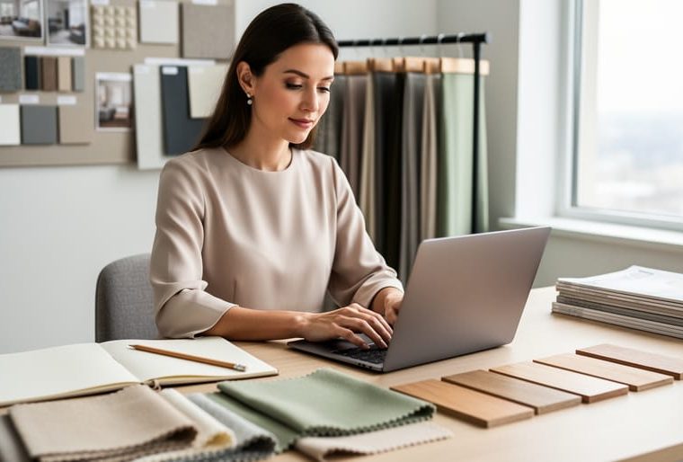 Interior designer typing on a laptop at a bright studio desk with notebook, fabric swatches, and wood samples; blurred mood board and stacked magazines behind.