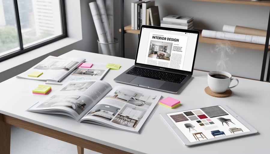 Designer working on article draft at organized workspace with laptop and design materials