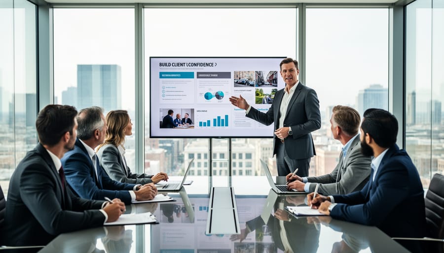 Design professional presenting portfolio to client in modern office setting