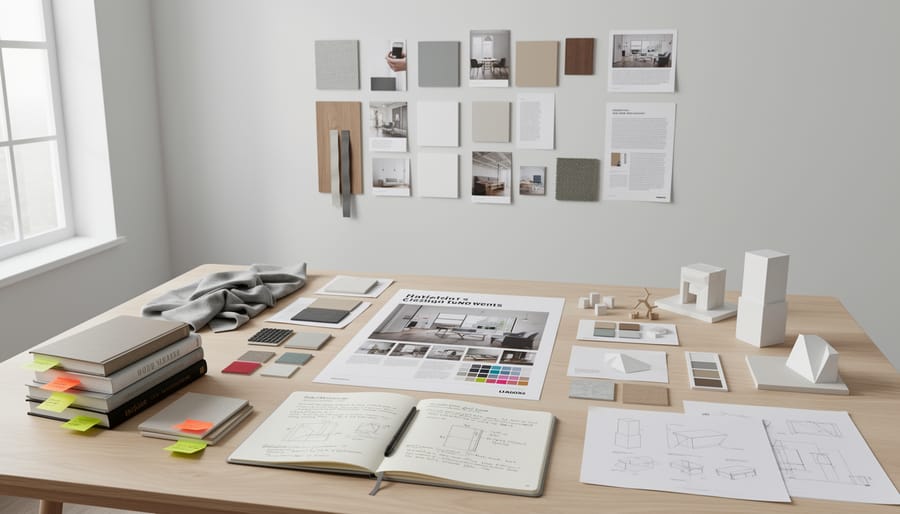 Overhead view of design mood board with fabric swatches, paint samples, and material selections