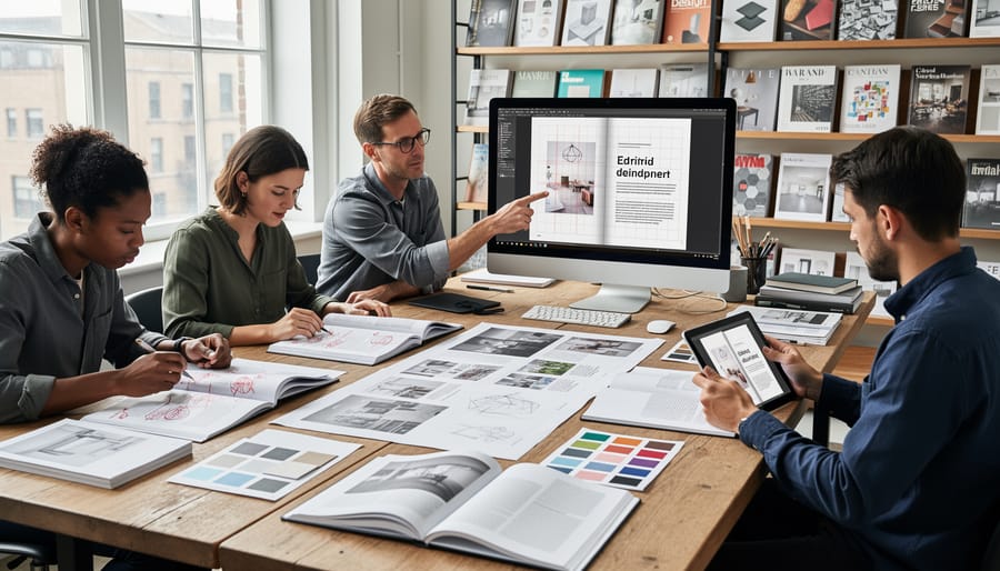 Design magazine spread being reviewed with editing notes and red pen on desk