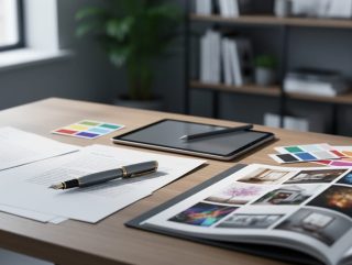 Overhead medium shot of a wooden desk with a fountain pen and marked manuscript pages next to a tablet with stylus, color swatches, and an open portfolio book of image thumbnails; soft window light; no legible text; blurred studio shelves and plants in the background.