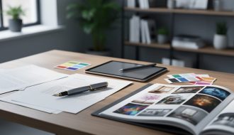 Overhead medium shot of a wooden desk with a fountain pen and marked manuscript pages next to a tablet with stylus, color swatches, and an open portfolio book of image thumbnails; soft window light; no legible text; blurred studio shelves and plants in the background.