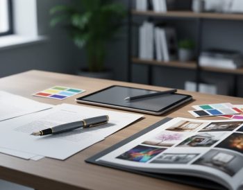 Overhead medium shot of a wooden desk with a fountain pen and marked manuscript pages next to a tablet with stylus, color swatches, and an open portfolio book of image thumbnails; soft window light; no legible text; blurred studio shelves and plants in the background.
