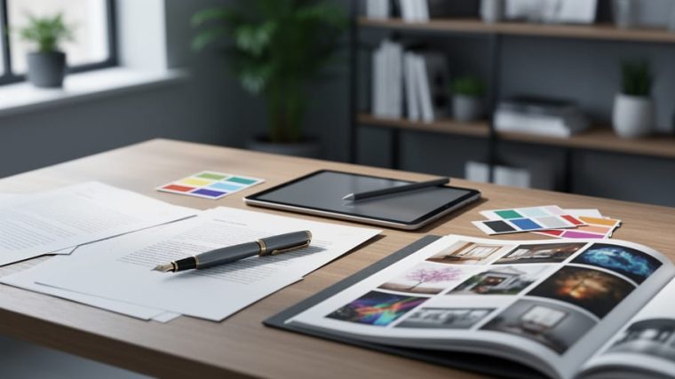 Overhead medium shot of a wooden desk with a fountain pen and marked manuscript pages next to a tablet with stylus, color swatches, and an open portfolio book of image thumbnails; soft window light; no legible text; blurred studio shelves and plants in the background.