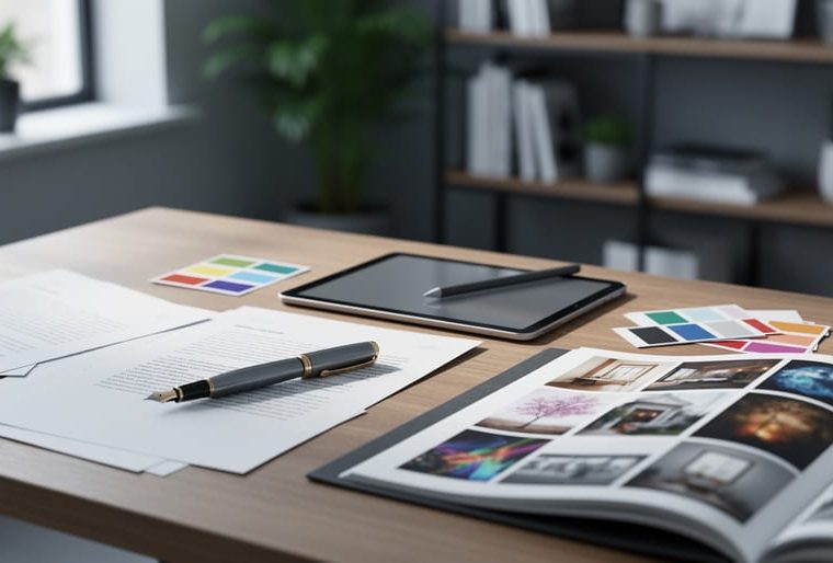 Overhead medium shot of a wooden desk with a fountain pen and marked manuscript pages next to a tablet with stylus, color swatches, and an open portfolio book of image thumbnails; soft window light; no legible text; blurred studio shelves and plants in the background.