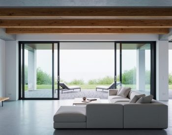 Contemporary living room with exposed concrete and raw wood, floor-to-ceiling glass doors opening to an outdoor patio with soft natural daylight.