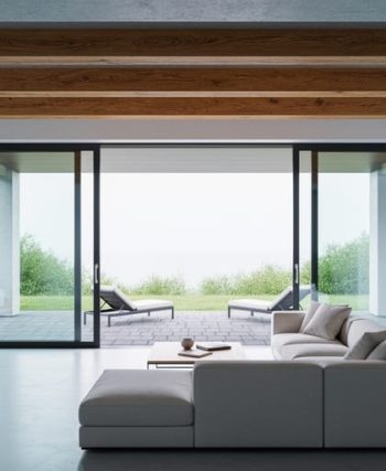 Contemporary living room with exposed concrete and raw wood, floor-to-ceiling glass doors opening to an outdoor patio with soft natural daylight.