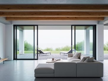 Contemporary living room with exposed concrete and raw wood, floor-to-ceiling glass doors opening to an outdoor patio with soft natural daylight.