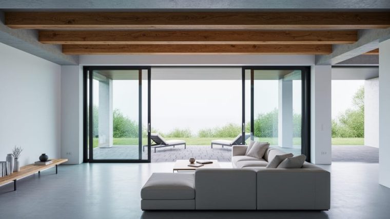 Contemporary living room with exposed concrete and raw wood, floor-to-ceiling glass doors opening to an outdoor patio with soft natural daylight.
