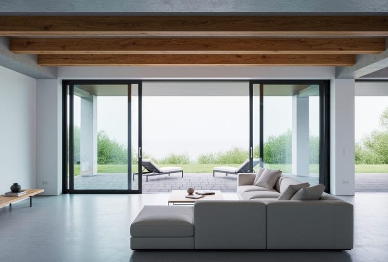 Contemporary living room with exposed concrete and raw wood, floor-to-ceiling glass doors opening to an outdoor patio with soft natural daylight.
