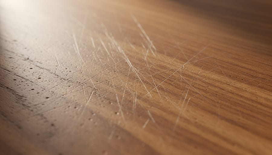 Close-up of a wooden table surface showing visible shallow scratches under angled light.
