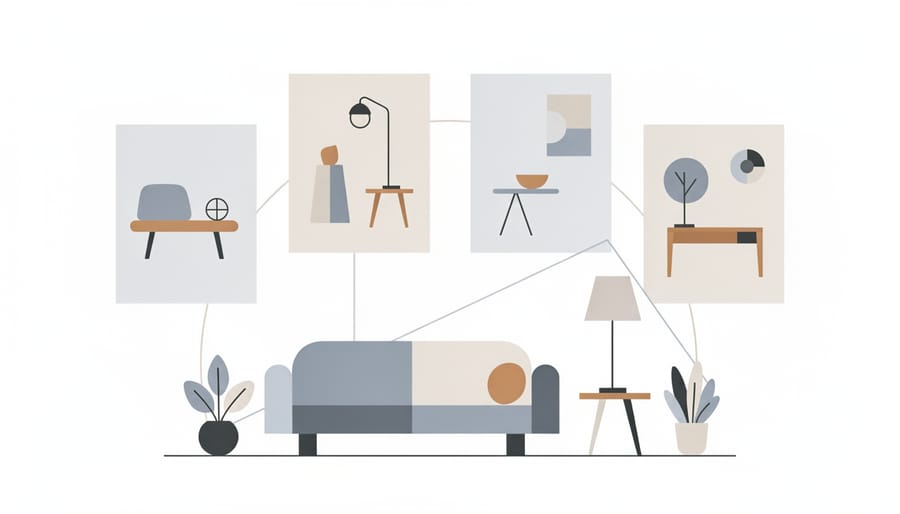 Close-up of framed artworks on a wall with nature and architectural imagery displayed without any text