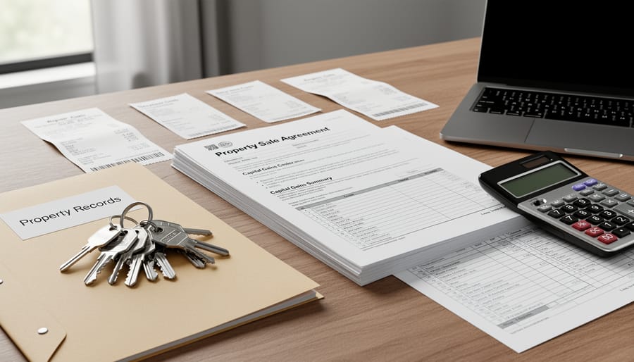 Close-up of house key and property sale documents on a wooden table