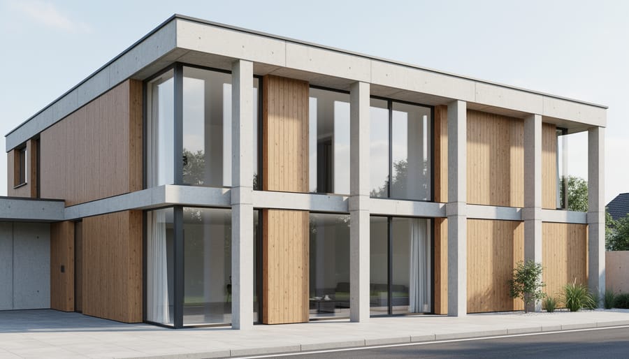 Contemporary house exterior facade with exposed concrete, raw timber cladding, and large windows