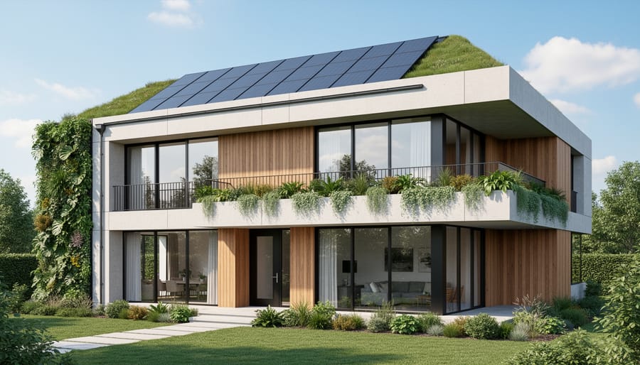 Contemporary house featuring integrated solar panels and green roof vegetation in morning light