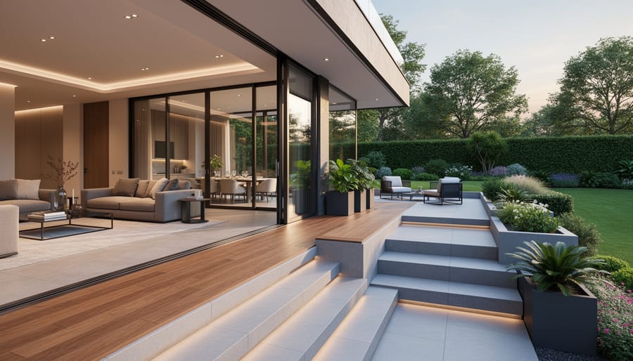 Contemporary living room opening to a patio with outdoor seating and landscaped greenery
