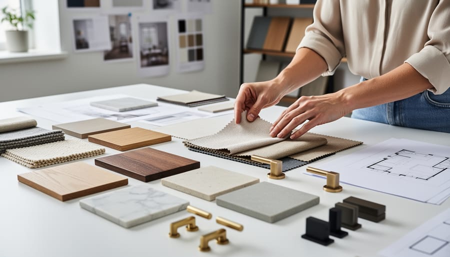 Designer arranging stones, dried leaves, and fabric swatches on a studio desk beside a blank sketchbook