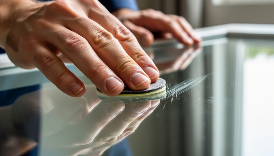 Gloved hands buffing a scratched glass shower door using a polishing pad.