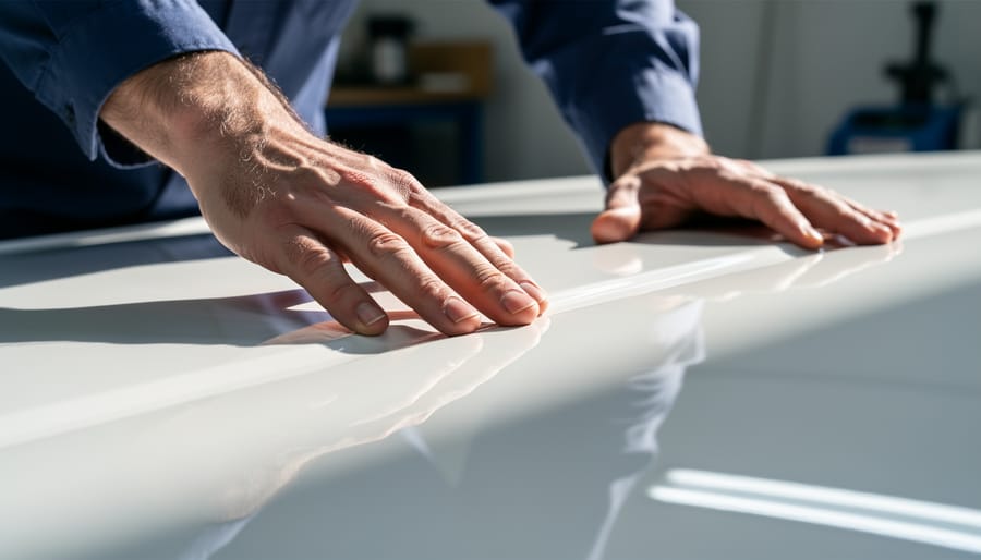 Hand checking the smooth finish of a nearly repaired stone countertop under golden light.