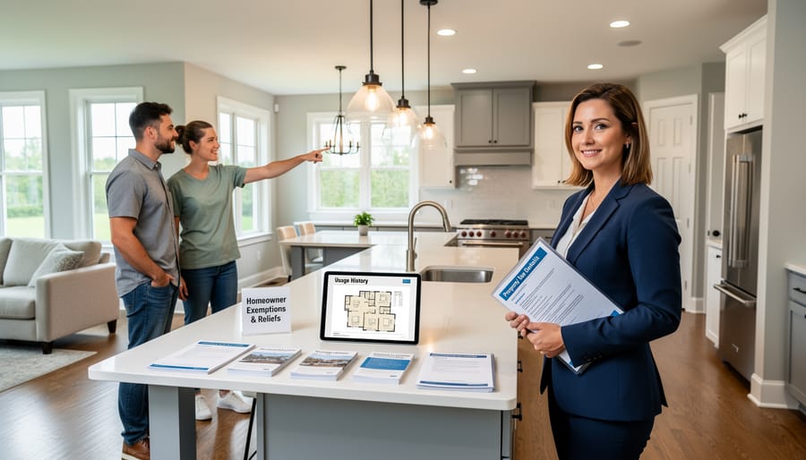 Homeowner and agent viewing a renovated living room near a window