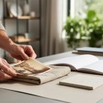 Hands arranging natural fabric and ceramic tile swatches next to a blank sketchbook in a bright design studio with plants visible through a window