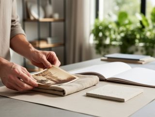 Hands arranging natural fabric and ceramic tile swatches next to a blank sketchbook in a bright design studio with plants visible through a window