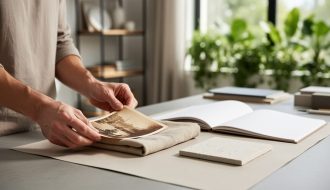 Hands arranging natural fabric and ceramic tile swatches next to a blank sketchbook in a bright design studio with plants visible through a window
