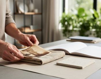 Hands arranging natural fabric and ceramic tile swatches next to a blank sketchbook in a bright design studio with plants visible through a window
