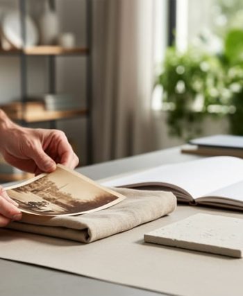 Hands arranging natural fabric and ceramic tile swatches next to a blank sketchbook in a bright design studio with plants visible through a window