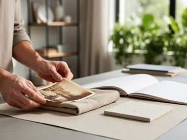 Hands arranging natural fabric and ceramic tile swatches next to a blank sketchbook in a bright design studio with plants visible through a window