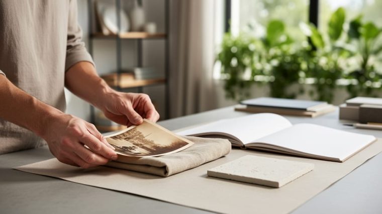 Hands arranging natural fabric and ceramic tile swatches next to a blank sketchbook in a bright design studio with plants visible through a window