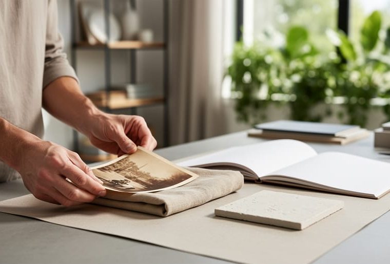 Hands arranging natural fabric and ceramic tile swatches next to a blank sketchbook in a bright design studio with plants visible through a window