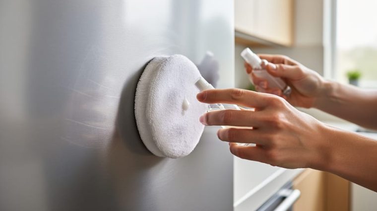 Hands polishing a lightly scratched stainless steel kitchen appliance with a microfiber pad and polishing compound bottle.