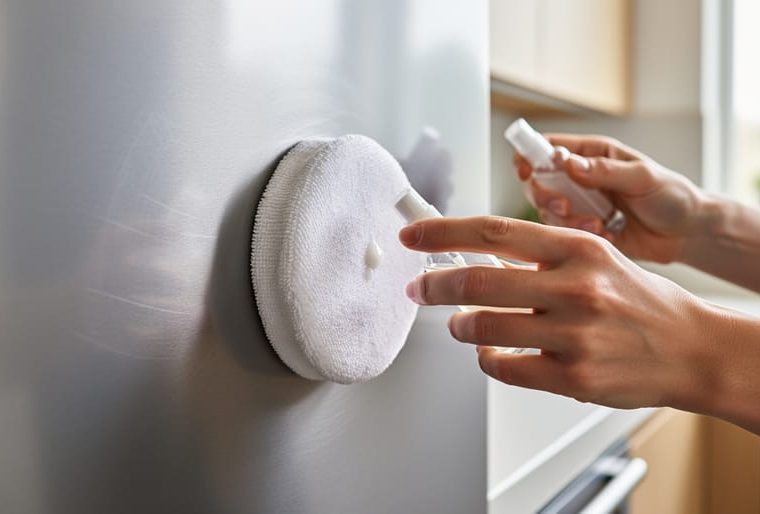 Hands polishing a lightly scratched stainless steel kitchen appliance with a microfiber pad and polishing compound bottle.