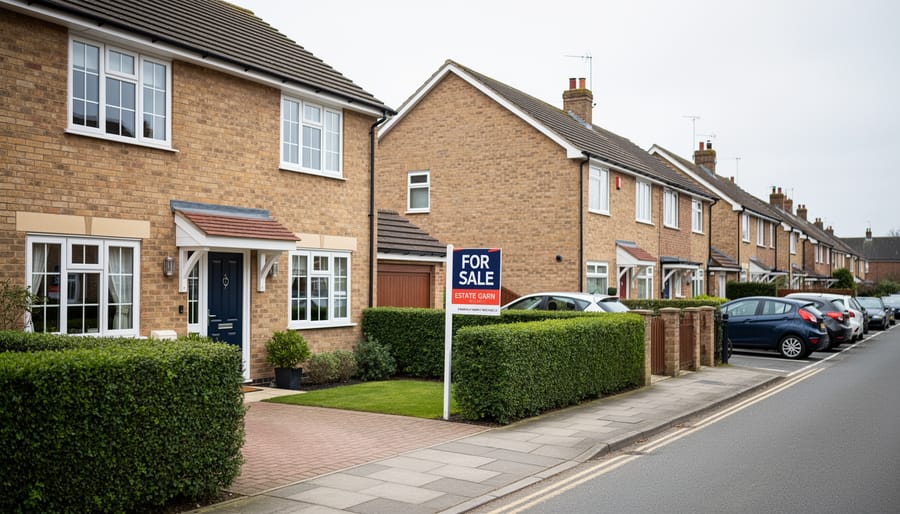 Street view of a UK terraced house exterior with a softly blurred for-sale sign
